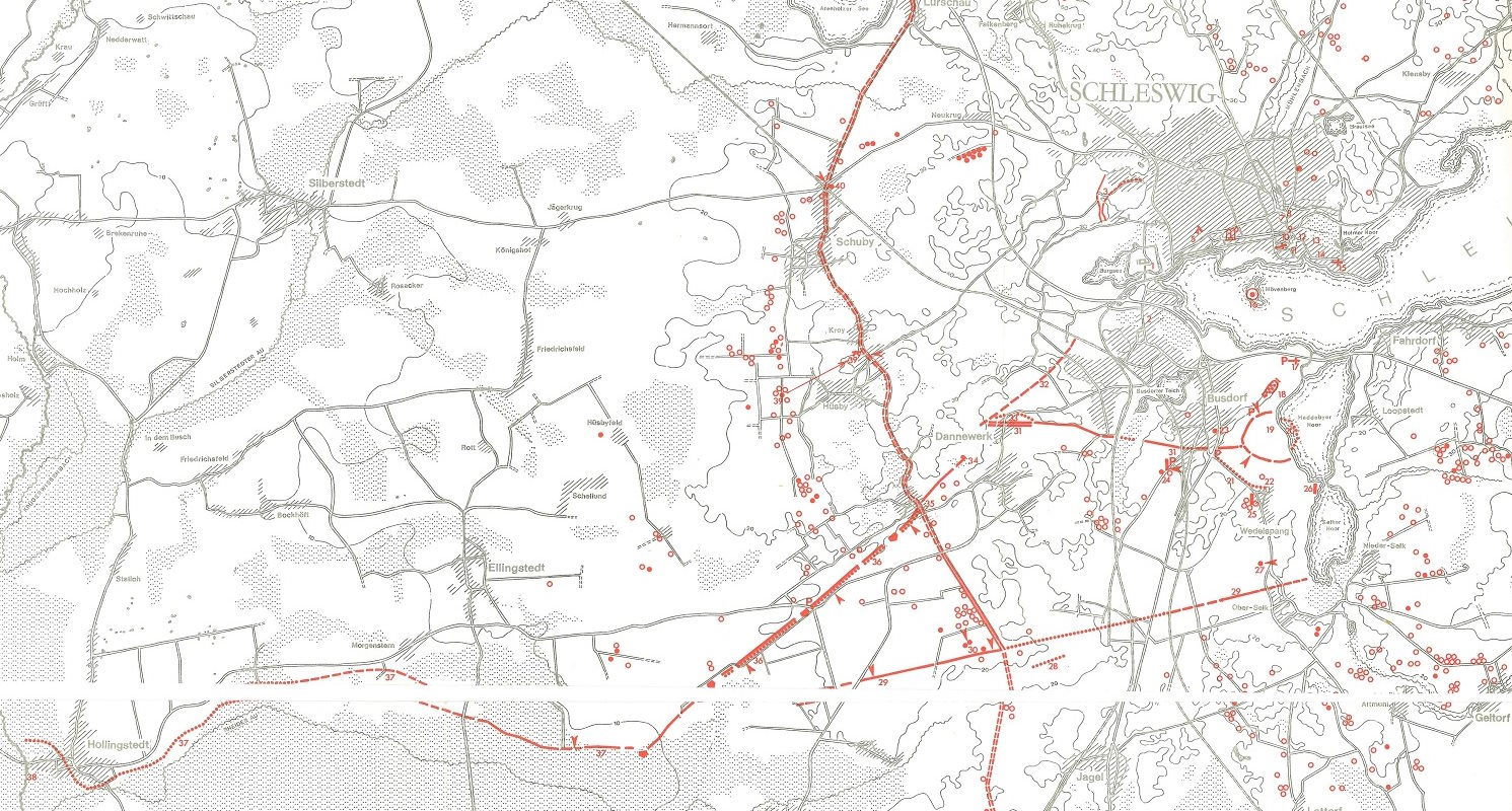 Ausschnitt aus der Karte des Danewerks bei Schleswig aus einem Archäologiebuch.