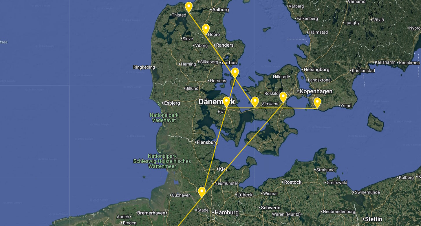 Karte mit den Positionen der Trelleborg Anlagen und Linien die, diese miteinander verbinden.