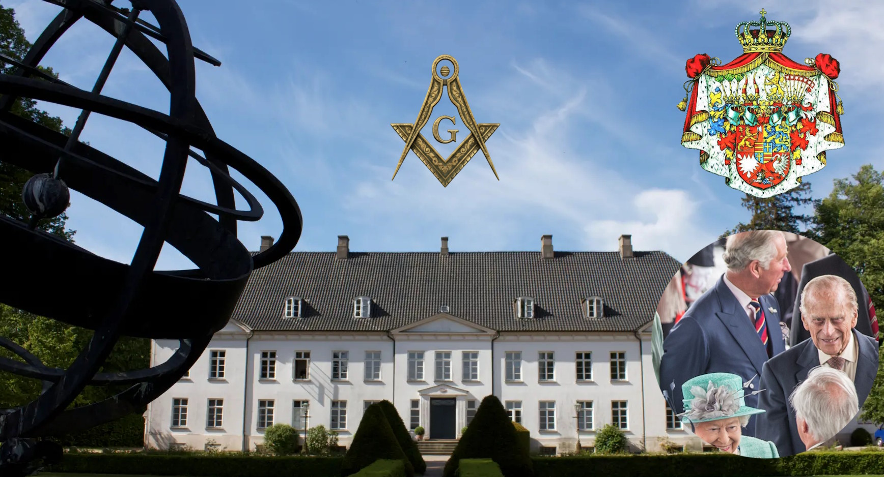 Das Internat Louisenlund von vorne. Das Symbol der Freimaurer "Winkelmaaß und Zirkel", Prinz Philip in einem extra Bildausschnitt sowie das Wappen der Linie "Schleswig-Holstein-Sonderburg" sind auch zu sehen.