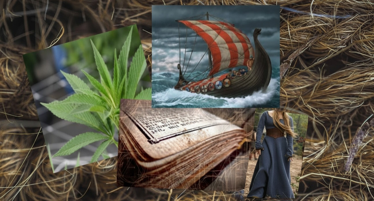 Man sieht verschiedene Bilder von den historischen Nutzungsmöglichkeiten der Hanf Pflanze, darunter ein Segelschiff, ein Buch, ein Kleid, und die Pflanze selber.
